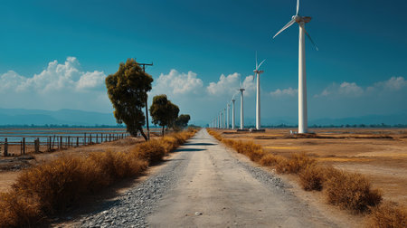 A captivating landscape featuring a dusty road flanked by towering wind turbines, set against a vibrant blue sky with fluffy clouds.の素材