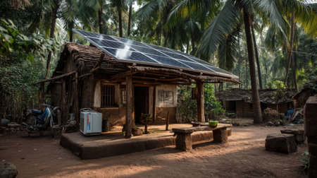 A quaint rural house nestled among palm trees, showcasing solar panels on the roof for sustainable energy, highlighting a serene and eco-friendly lifestyle.の素材