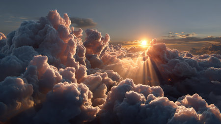 A breathtaking view of a soft cotton-like cloud formation illuminated by the golden rays of a sunrise, creating a serene and tranquil atmosphere.の素材