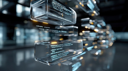 This image illustrates a futuristic digital interface featuring transparent blocks with data and code. It conveys innovation and modern technology in a sophisticated setting.の素材