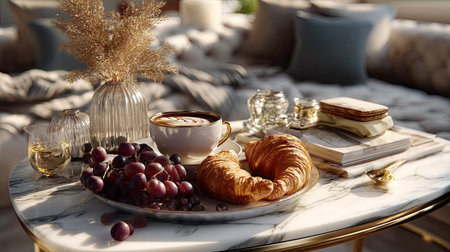 A beautifully arranged breakfast scene featuring a cup of coffee, a flaky croissant, fresh grapes, and decorative elements on a stylish table.の素材