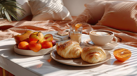 A beautifully arranged morning scene featuring golden croissants, fresh fruits, and a warm cup of coffee on a stylish table, illuminated by soft sunlight.の素材