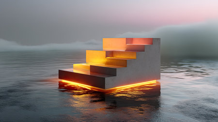 An imaginative representation of modern stairs emerging from a tranquil water surface, illuminated by soft lights in a serene misty environment, creating a surreal and artistic atmosphere.の素材