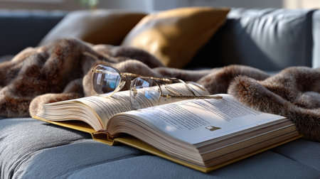 This serene image captures a cozy reading nook featuring an open book and glasses resting on a soft couch, enveloped in a warm blanket, inviting relaxation.の素材