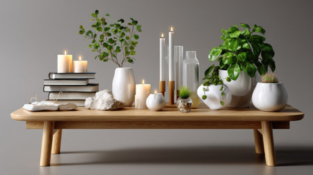 A serene arrangement featuring candles, lush plants, and decorative objects atop a wooden table, perfect for enhancing peaceful home aesthetics.の素材