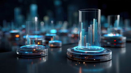 This image showcases a high-tech environment featuring transparent graphs and data metrics glowing with blue light, representing futuristic data analysis concepts.の素材