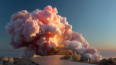 A surreal scene featuring a serene pathway leading to vibrant pink clouds at sunset, creating a dreamlike atmosphere perfect for inspiration and tranquility.の素材