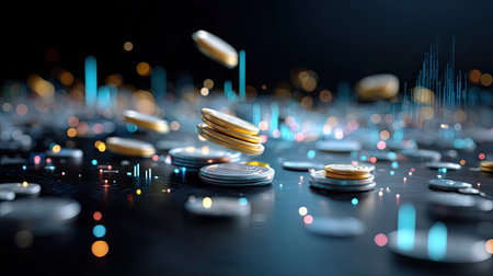 A captivating digital artwork showcasing floating coins against a stylish dark backdrop filled with glowing elements, symbolizing modern finance and technology.の素材