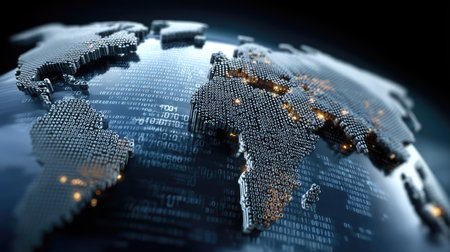 A captivating digital representation of the world map, showcasing data points and connections in a sleek, modern design. Perfect for technology and innovation themes.の素材