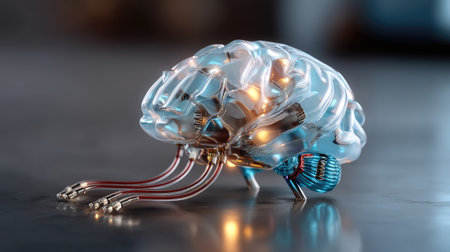 This striking 3D rendering presents a transparent brain with metallic details, showcasing innovative design and technology with glowing wiring elements.の素材