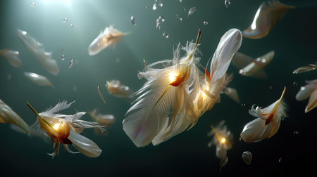 Explore an enchanting vision of delicate feathers gracefully suspended in a serene atmosphere, illuminated by a warm glow, evoking a sense of tranquility and beauty.の素材