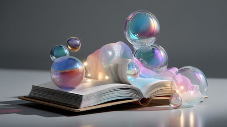 An enchanting visual featuring an open book at the center, surrounded by vibrant bubbles that create a whimsical and dreamlike atmosphere.の素材