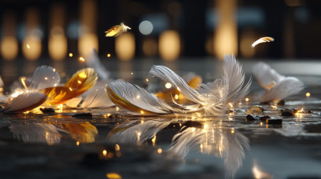 This captivating image features delicate feathers in gold and white, gently floating on a calm water surface, illuminated by soft sparkling lights, creating an elegant atmosphere.の素材