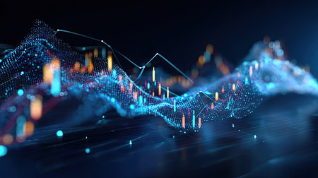 This vibrant and futuristic digital visualization showcases neon waves and graphs, representing complex financial market trends and analytics in three dimensions.の素材