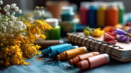 A vibrant arrangement of art supplies including colorful paint bottles and fresh flowers on a creative workspace table, ideal for artistic inspiration.の素材