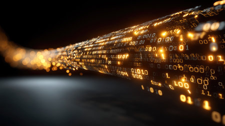 This captivating image captures a dynamic stream of glowing binary code, illustrating the flow of digital data against a dark backdrop, evoking concepts of technology and innovation.の素材