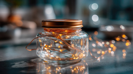A glass jar filled with warm LED lights, creating a cozy ambiance in a beautifully lit indoor environment, perfect for decor inspiration.の素材