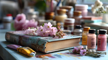 A beautiful arrangement of vintage art supplies alongside delicate cherry blossoms on a rustic table, evoking creative inspiration and artistic charm.の素材