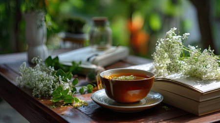 Enjoy a serene moment featuring a steaming cup of tea surrounded by fresh herbs and an open book, evoking peace and relaxation in a natural setting.の素材