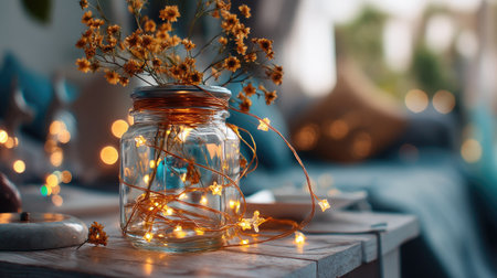 A beautifully arranged jar filled with twinkling lights and dried flowers rests on a rustic table, creating a peaceful atmosphere in a cozy interior setting.の素材