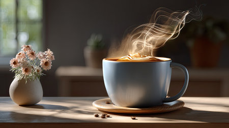 This image captures a cozy scene featuring a steaming cup of coffee on a wooden table, surrounded by delicate flowers in soft natural light. Perfect for conveying warmth and comfort.の素材