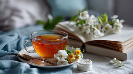 A serene scene features a cup of tea beside fresh flowers and an open book on a soft blanket, inviting relaxation and tranquility in a cozy setting.の素材