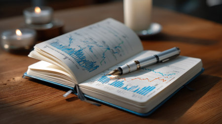 This image features an open notebook displaying financial graphs and a sleek pen on a rustic wooden table, surrounded by softly glowing candles. It captures the essence of business analysis and strategic planning, ideal for professionals and entrepreneurs.の素材
