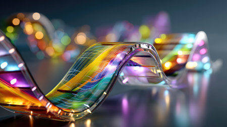 This image features an abstract and colorful wave pattern that shimmers with lights. The smooth surface enhances the vibrant colors, creating a modern artistic concept.の素材