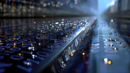 A captivating image showcasing a dynamic data stream filled with binary code. The illuminated landscape offers a glimpse into abstract technology and computing.の素材