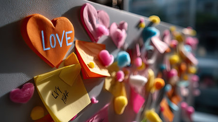 A vibrant collection of sticky notes arranged on a board, featuring messages of love and affection, creating a cheerful and inspiring office atmosphere.の素材