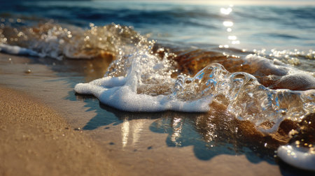 A captivating view of gentle ocean waves rolling onto a golden sandy shore. The scene captures the beauty of nature with sparkling water reflections and a serene atmosphere.の素材