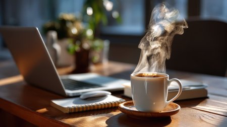 A cozy morning scene featuring a steaming cup of coffee on a wooden desk next to a laptop and notepad, creating a warm and inviting workspace.の素材