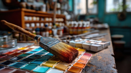 A close-up view of a paintbrush resting on a vibrant watercolor palette in an artist's studio, surrounded by various art supplies, showcasing creativity and inspiration.の素材