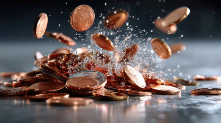 This striking image features a pile of copper coins dramatically splashing water, showcasing the dynamic motion and detailed textures of currency.の素材