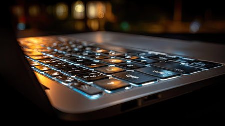 This close-up image showcases a laptop keyboard under low light, highlighting the illuminated keys with a striking contrast of warm and cool tones, ideal for technology themes.の素材