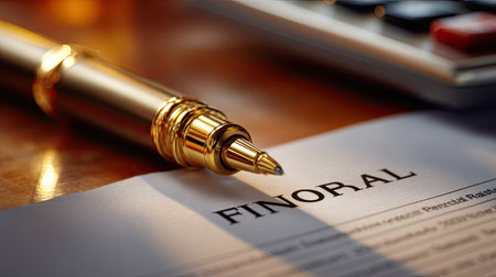 A close-up image showcasing a sophisticated golden pen resting on a financial document, with a calculator positioned on a wooden surface, evoking professionalism and precision in business finance.の素材