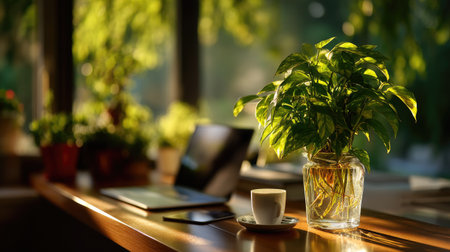 A serene indoor workspace featuring a vibrant green plant, a steaming cup of coffee, and a laptop, all bathed in warm natural light for a cozy atmosphere.の素材
