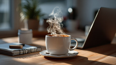 A steaming cup of hot coffee sits on a wooden table beside a laptop, creating a cozy and inviting workspace. Perfect for morning rituals or relaxation.の素材