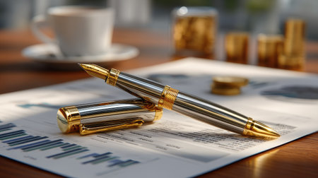 A stylish gold and silver ballpoint pen is artistically placed on a financial document featuring graphs, with a coffee cup and decorative gold coins nearby.の素材
