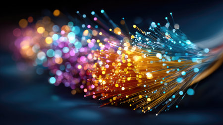 A mesmerizing display of colorful light trails creating an abstract bokeh effect, perfect for technology themes or artistic backgrounds.の素材