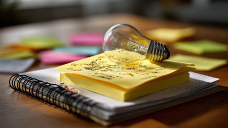 This image showcases a light bulb resting atop a stack of yellow sticky notes and a notebook, symbolizing creativity and idea generation in a vibrant workspace.の素材