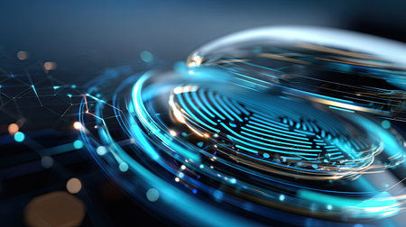 This captivating abstract image features futuristic technology elements, including waves and intricate digital patterns in mesmerizing blue and gold hues.の素材