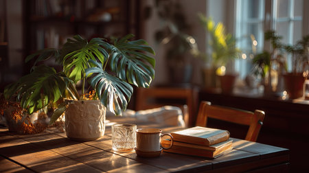 This serene indoor scene features a lush plant bathed in warm morning light, complemented by books and a glass, creating a perfect cozy reading nook.の素材