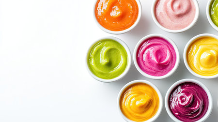 Assorted baby food flavors in bowls with a clean, white background, room for adding textの素材