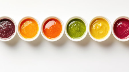 Assorted baby food flavors in bowls with a clean, white background, room for adding textの素材