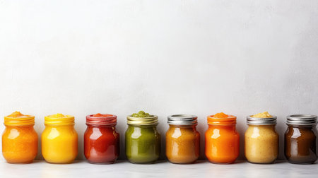 Assorted jars of baby food and purees with a neutral backdrop, ideal for text placementの素材