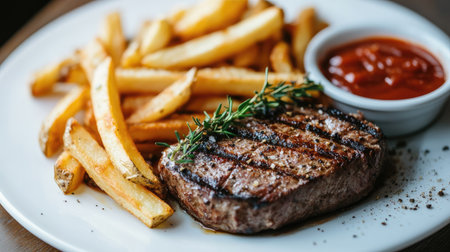 Close-up photo of delicious grilled meat with crispy french fries and herbs on a white plate, with copy space availableの素材