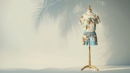 Casual beachwear set featuring a graphic tee and shorts on a dress form, set against a plain white background --ar 16:9の素材