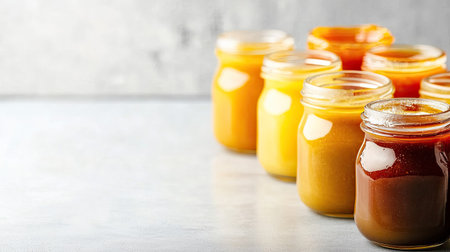 Close-up of various baby food flavors in jars with a clean background and space for textの素材
