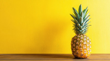 Close-up of a pineapple placed on a wooden table against a yellow wall, featuring ample copy spaceの素材